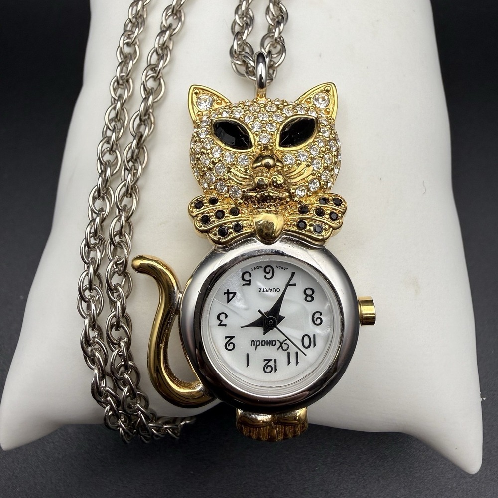 Vintage Xanadu Two Tone Rhinestone Kitty Cat Watch Pendant Necklace Need Battery